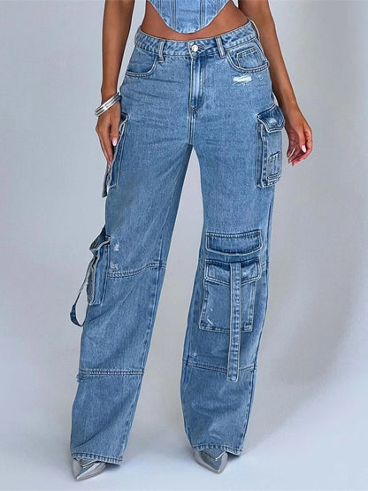 Hot Girl Trousers Straight Leg Multi-pocket Denim Overalls