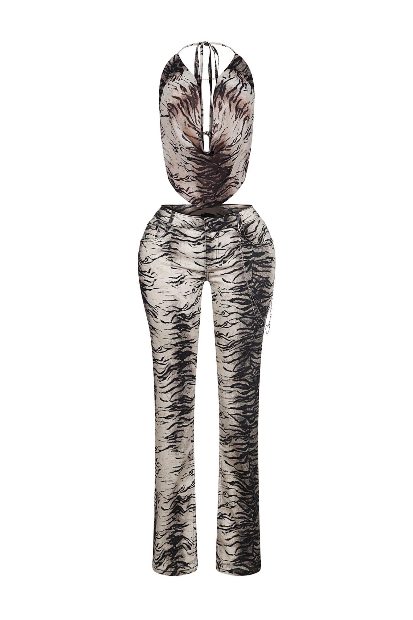 Lowen Zebra Print Halter Top & Denim Pants SET