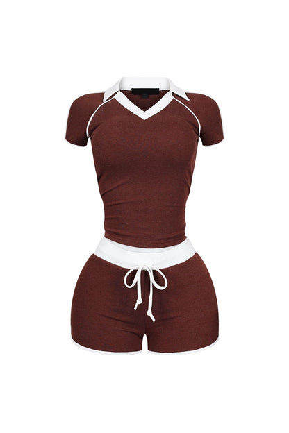 Yumi Contrast Piping Collared Top & Shorts Set