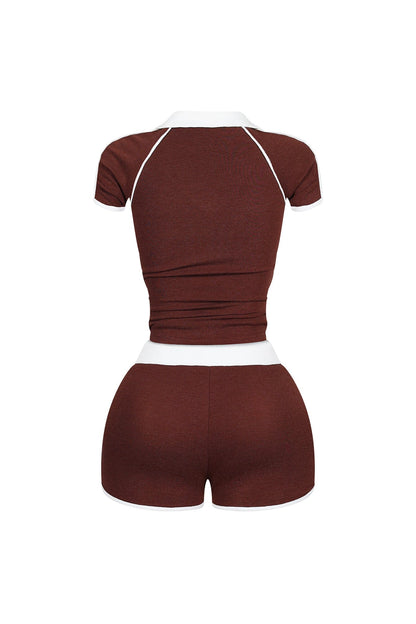 Yumi Contrast Piping Collared Top & Shorts Set