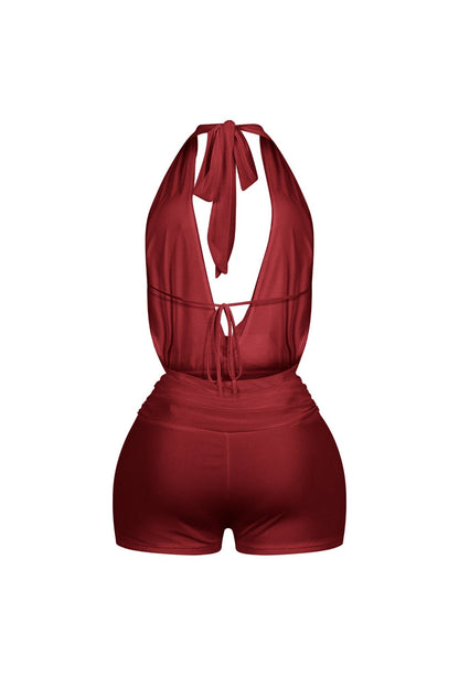 Wine Glow Mesh Cowl Neck Halter Romper
