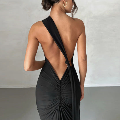 Backless Pleated Tight Irregular Dress