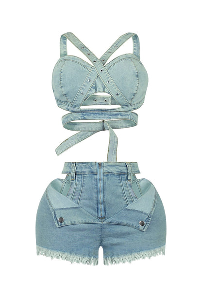 Stop Talking Denim Top & Cut Out Shorts SET