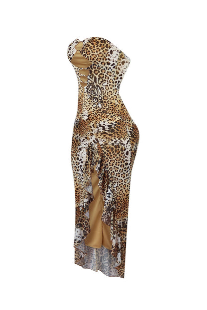 Savage Leopard Mesh Ruffle Long Dress