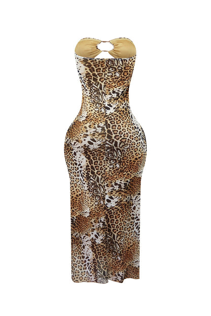 Savage Leopard Mesh Ruffle Long Dress