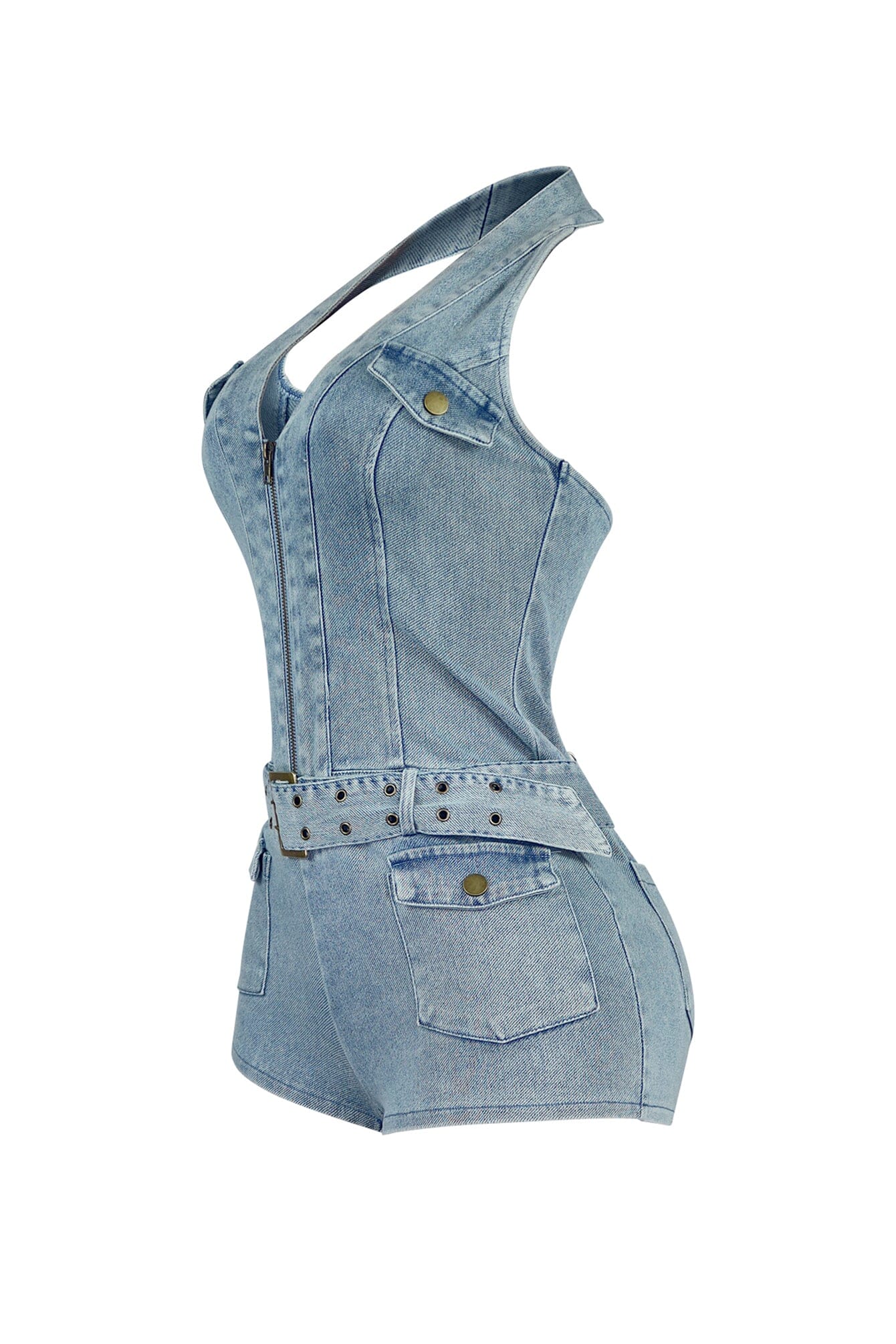 Afina Washed Denim Halter Belted Romper