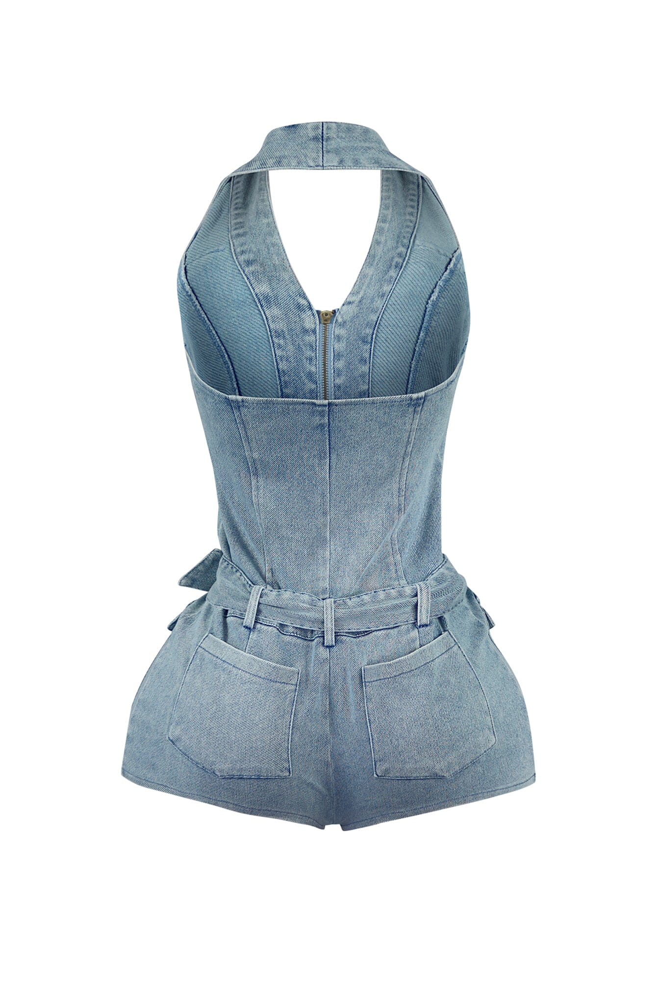 Afina Washed Denim Halter Belted Romper