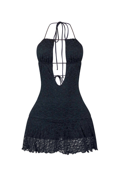 Midnight Serenade Halter Lace Cut Out Mini Dress