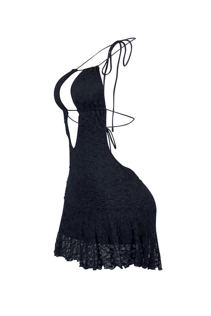 Midnight Serenade Halter Lace Cut Out Mini Dress