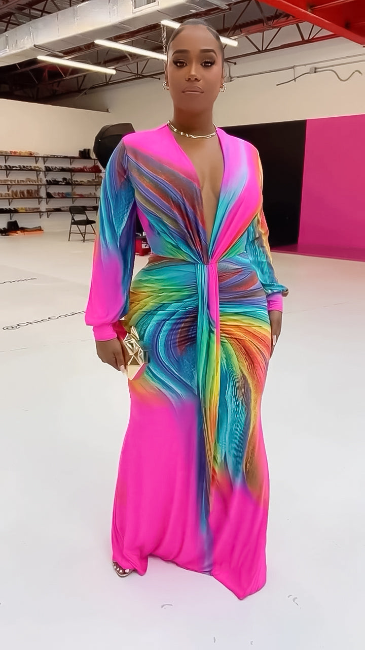 Print Long Sleeves Deep V-Neck Maxi Dress