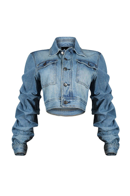 Jodie Denim Ruffle Scrunch Crop Jacket