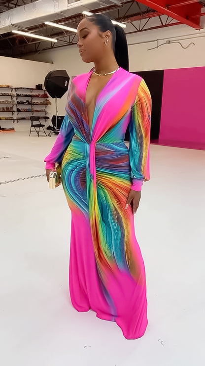 Print Long Sleeves Deep V-Neck Maxi Dress