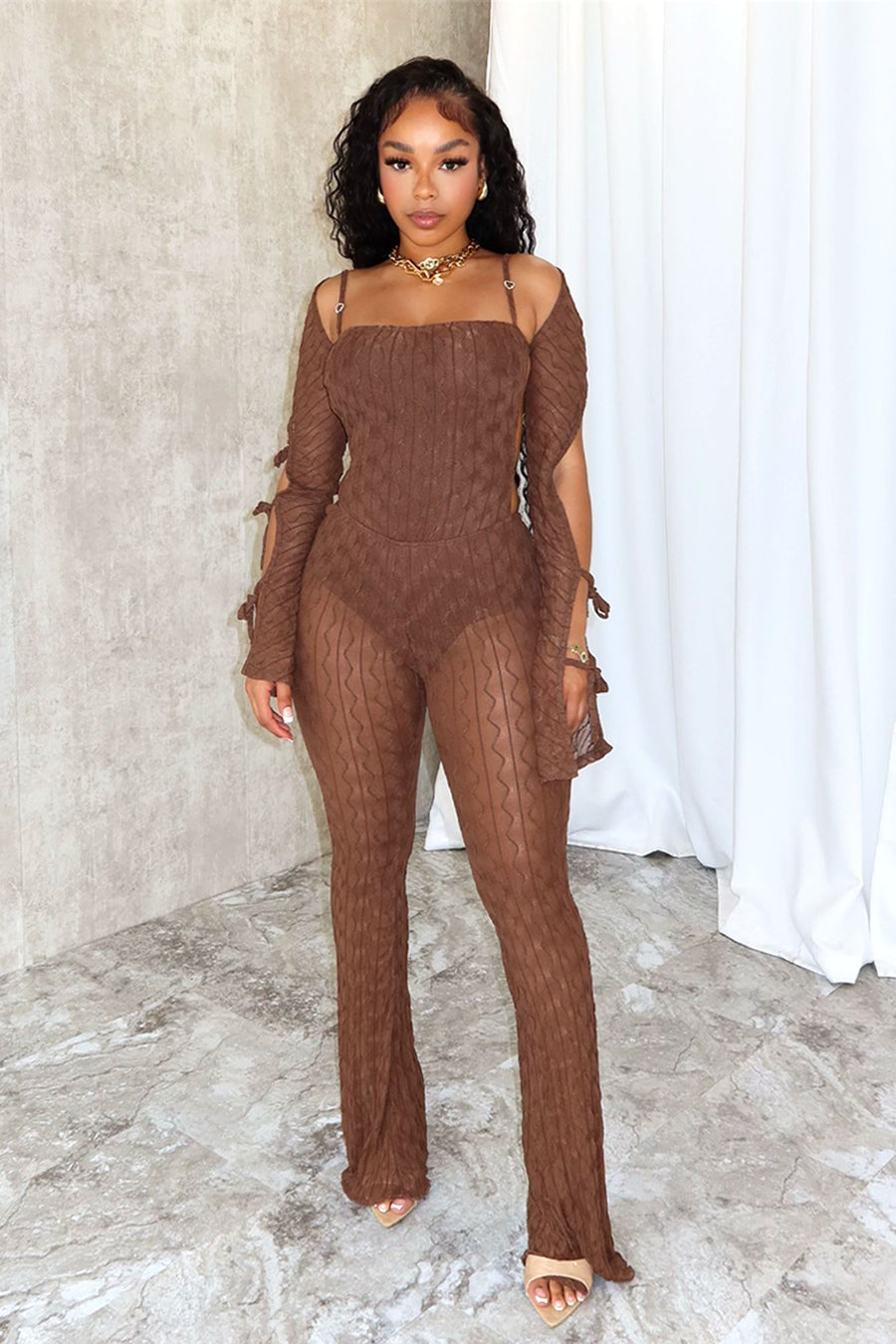 Alexi Mesh Textured Jumpsuit With Shrug