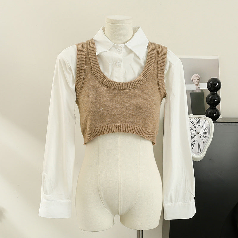 Knitted Vest Shirt Layered Two-Piece Suit