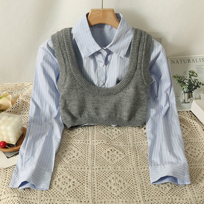 Knitted Vest Shirt Layered Two-Piece Suit