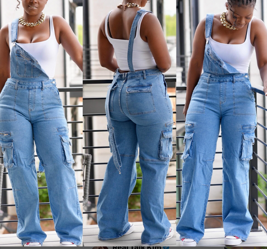 Loose Denim Suspender Work Pocket Jumpsuit