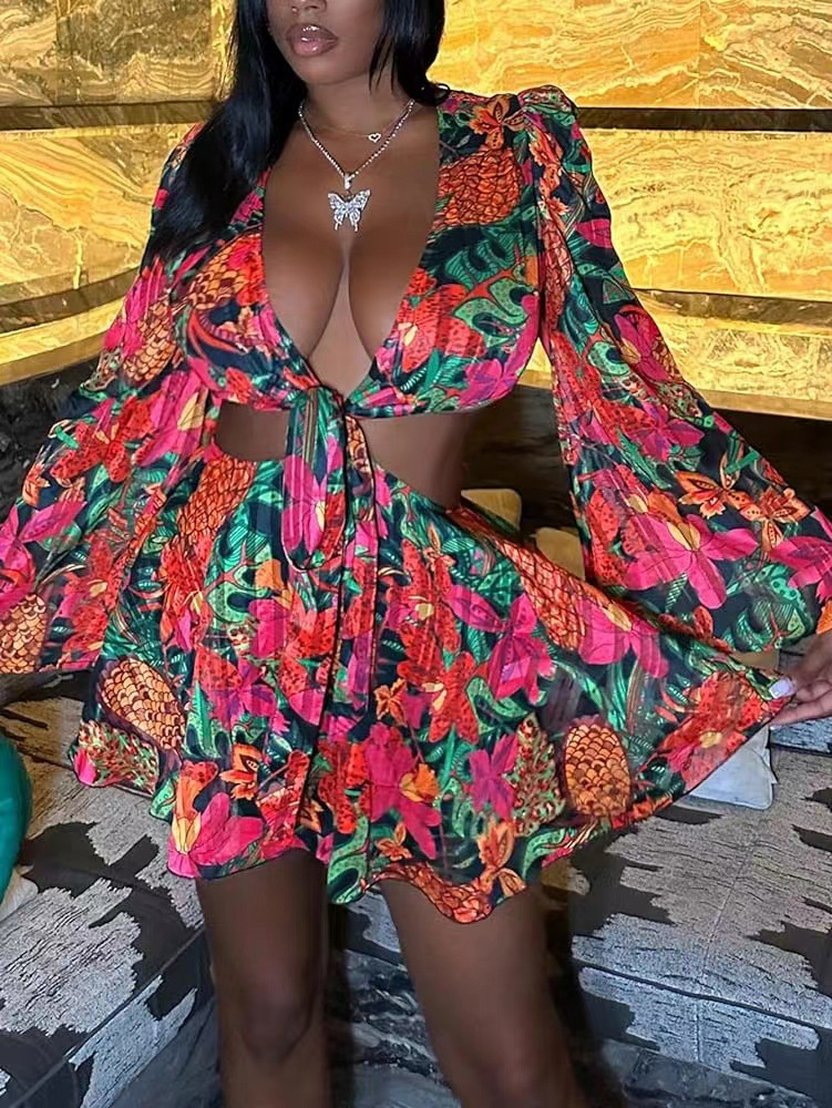 Floral Deep V Trumpet Sleeve Belt Dress