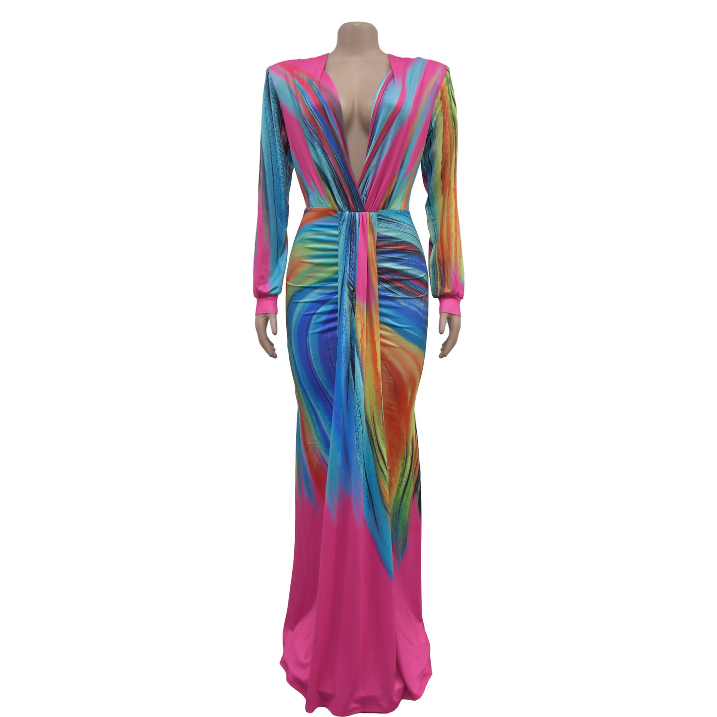 Print Long Sleeves Deep V-Neck Maxi Dress