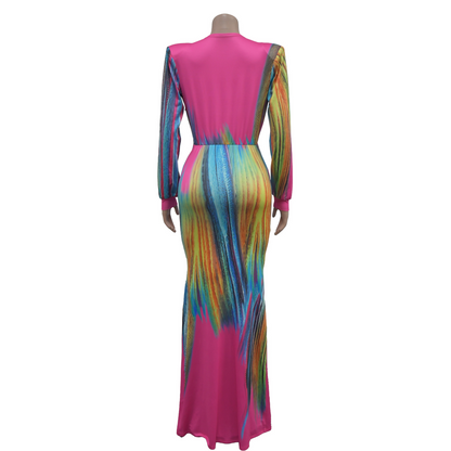 Print Long Sleeves Deep V-Neck Maxi Dress