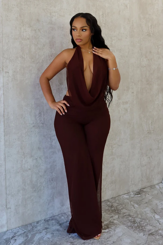 Evie Mesh Cowl Neck Jumpsuit Set