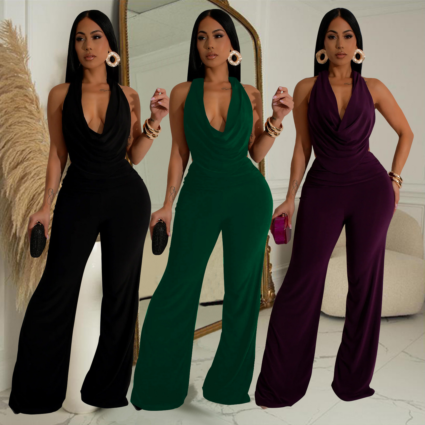 Evie Mesh Cowl Neck Jumpsuit Set