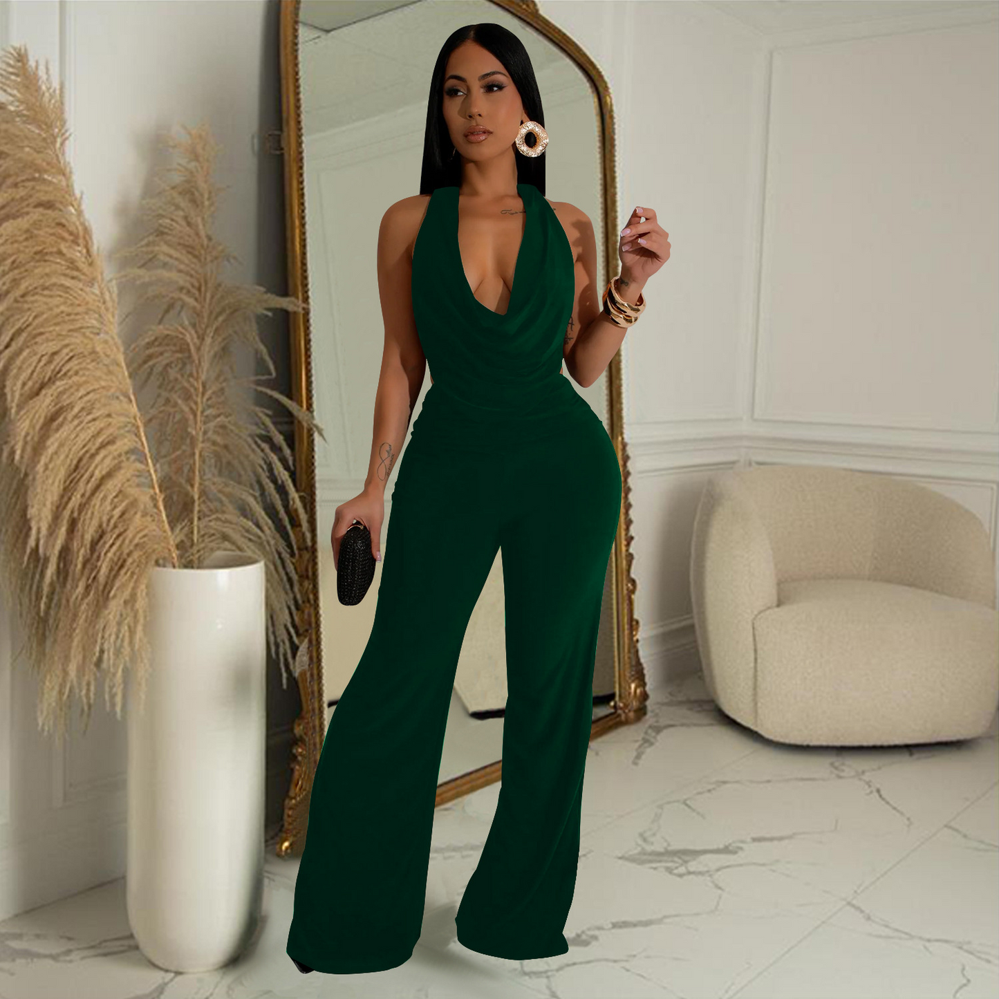 Evie Mesh Cowl Neck Jumpsuit Set