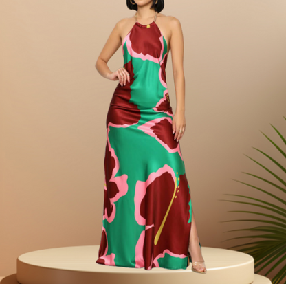 Halter Printed Backless Maxi Dress