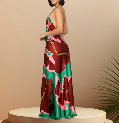 Halter Printed Backless Maxi Dress