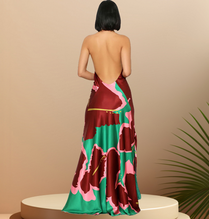 Halter Printed Backless Maxi Dress