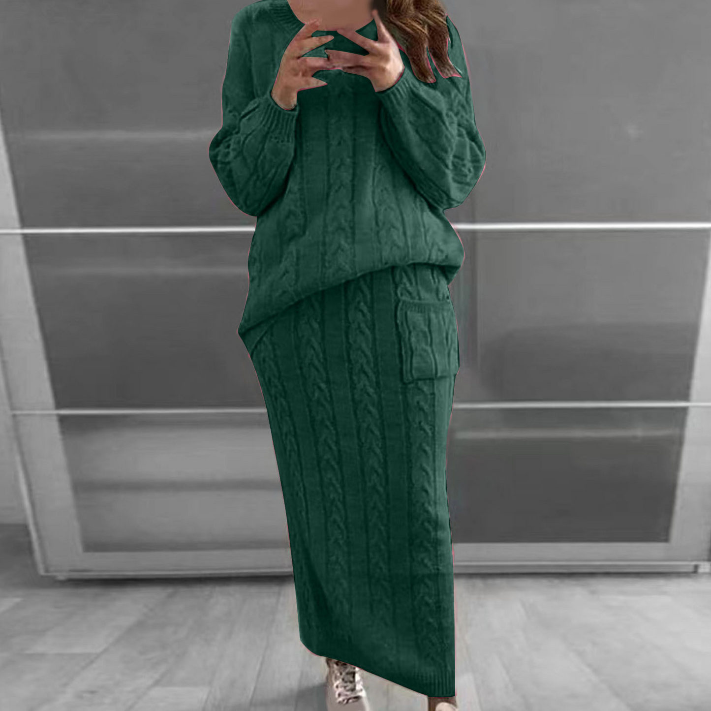 Chunky Cable Knit Long Skirt 2 Pieces Set