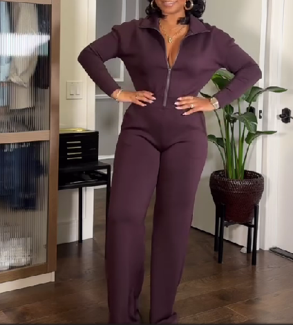 Solid Color Half Zip Jumpsuit