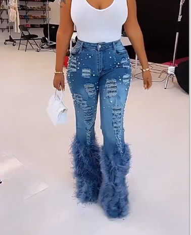 Feather Pearl Denim Pants