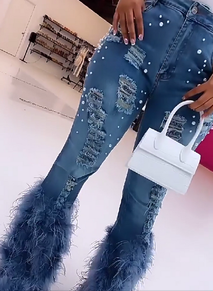 Feather Pearl Denim Pants