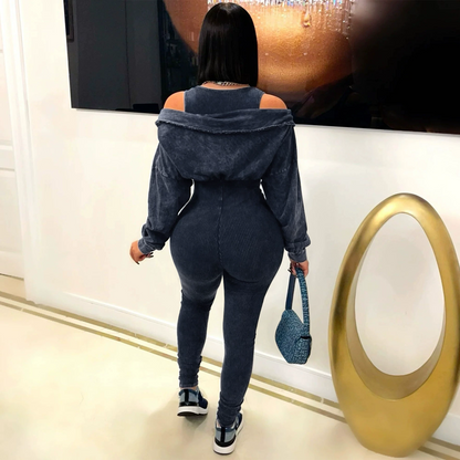 Camila Mineral Washed Cold Shoulder Hoodie Jumpsuit