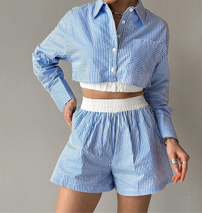 Wesley Pin Stripe Collared Top & Shorts SET