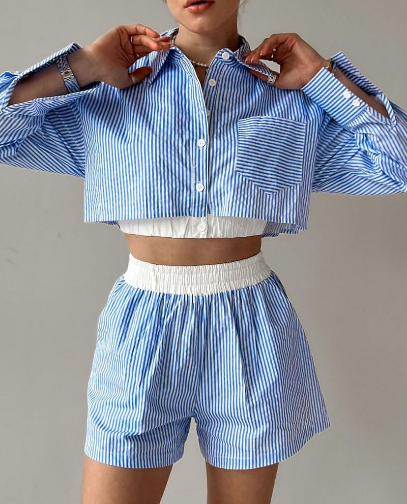 Wesley Pin Stripe Collared Top & Shorts SET