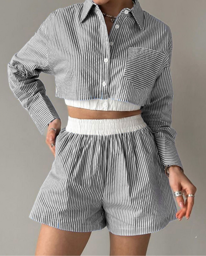 Wesley Pin Stripe Collared Top & Shorts SET