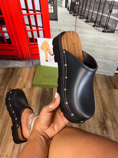 Leather Studded Trim Closed Toe Slide