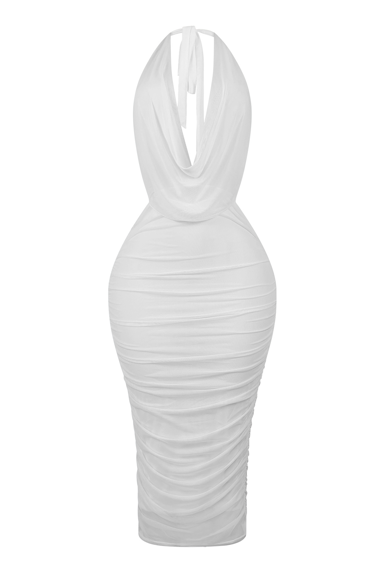 Blaise Halter Cowl Neck Mesh Ruched Maxi Dress