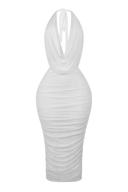 Blaise Halter Cowl Neck Mesh Ruched Maxi Dress