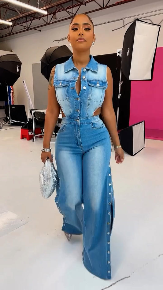 Sleeveless Waist Cutout Denim Button Jumpsuit