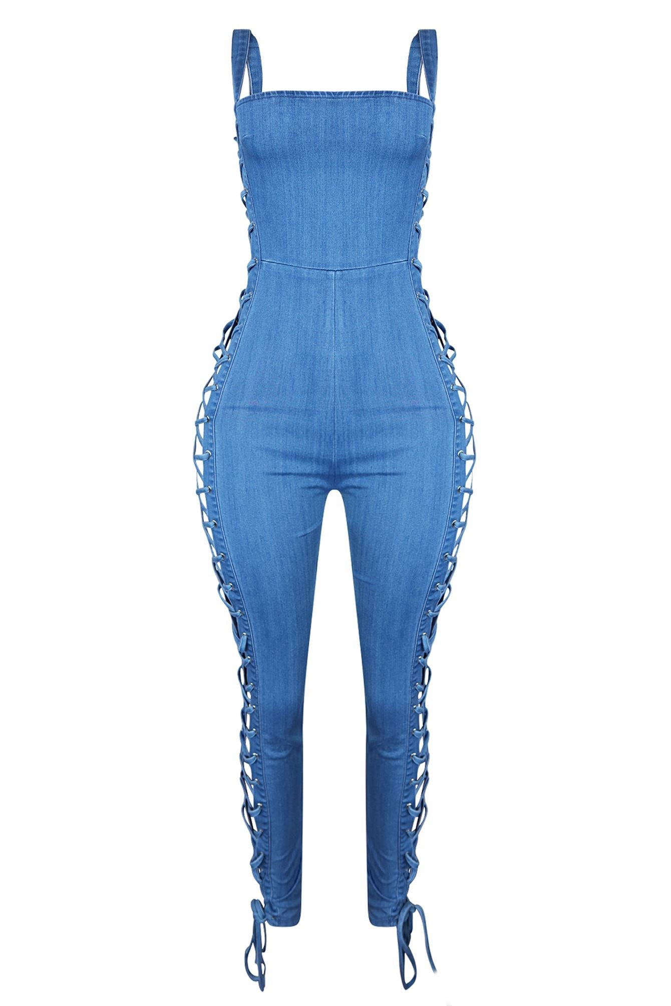 Take You Lace Up Denim Jumpsuit