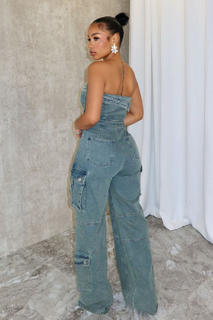 Get The Message Denim Strapless Jumpsuit