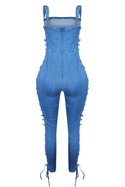 Take You Lace Up Denim Jumpsuit