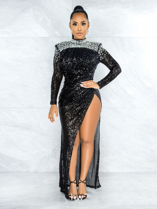 Mesh Sequin Contrast Color Beaded Slit Dress