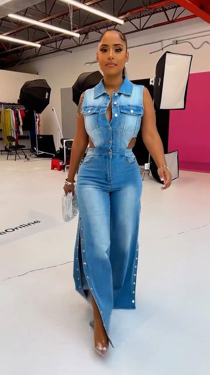 Sleeveless Waist Cutout Denim Button Jumpsuit