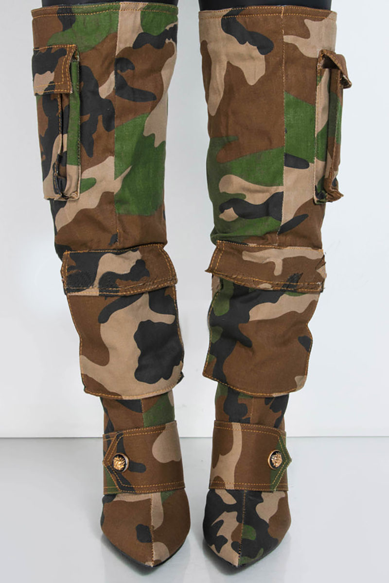 Camo Pattern Pointy Toe Pockets Stiletto Denim Knee-High Boots-Green