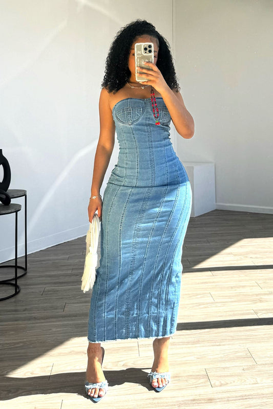 Kaia Bustier Denim Midi Dress