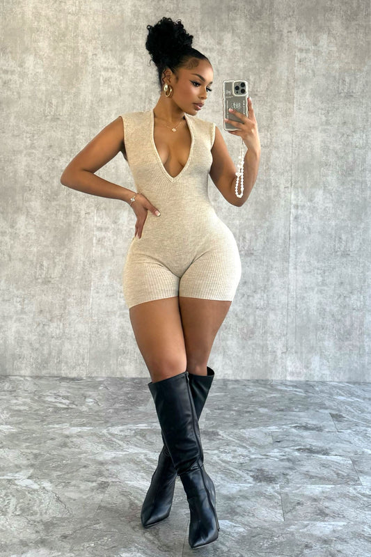 Top Tier Ribbed V Neck Romper