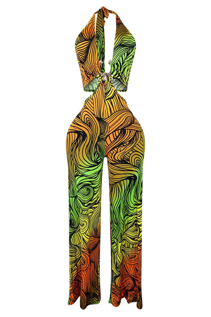 Sweet Escape Metal Trim Print Halter Jumpsuit